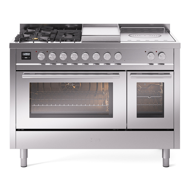 ILVE UP48FSWMPSSLP Professional Plus II 48" Dual Fuel Range  (5 Sealed Burners + Griddle + French Top, Liquid Propane, Triple Glass Door, Stainless Steel)