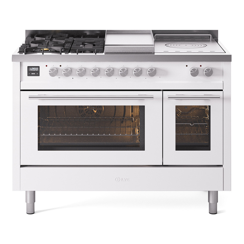 ILVE UP48FSWMPWHLP Professional Plus II 48" Dual Fuel Range  (5 Sealed Burners + Griddle + French Top, Liquid Propane, Triple Glass Door, White)