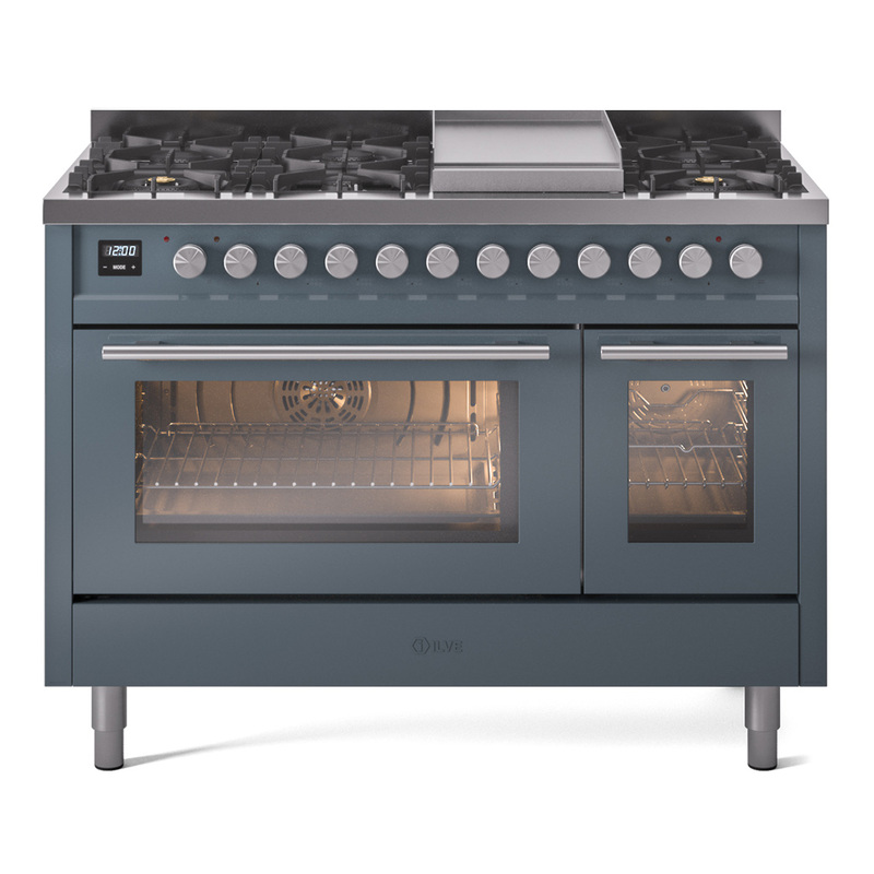 ILVE UP48FWMPBGLP Professional Plus II 48" Dual Fuel Range  (8 Sealed Burners + Griddle, Liquid Propane, Triple Glass Door, Blue Grey)