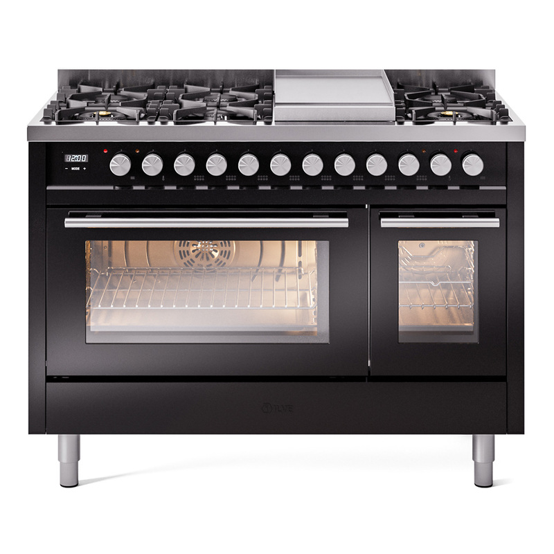 ILVE UP48FWMPBKLP Professional Plus II 48" Dual Fuel Range  (8 Sealed Burners + Griddle, Liquid Propane, Triple Glass Door, Glossy Black)