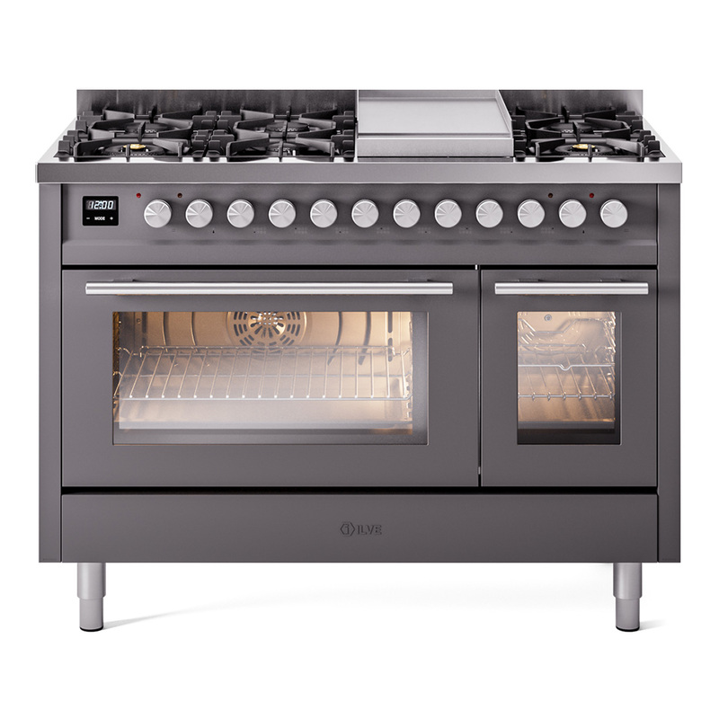 ILVE UP48FWMPMGLP Professional Plus II 48" Dual Fuel Range  (8 Sealed Burners + Griddle, Liquid Propane, Triple Glass Door, Graphite Matte)