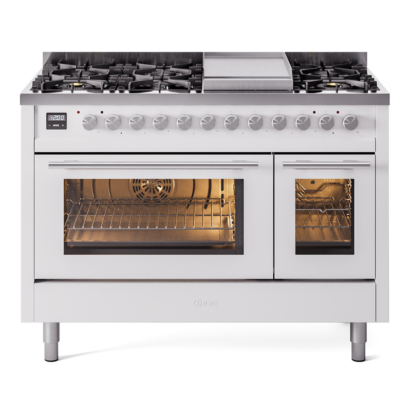 ILVE UP48FWMPWHLP Professional Plus II 48" Dual Fuel Range  (8 Sealed Burners + Griddle, Liquid Propane, Triple Glass Door, White)