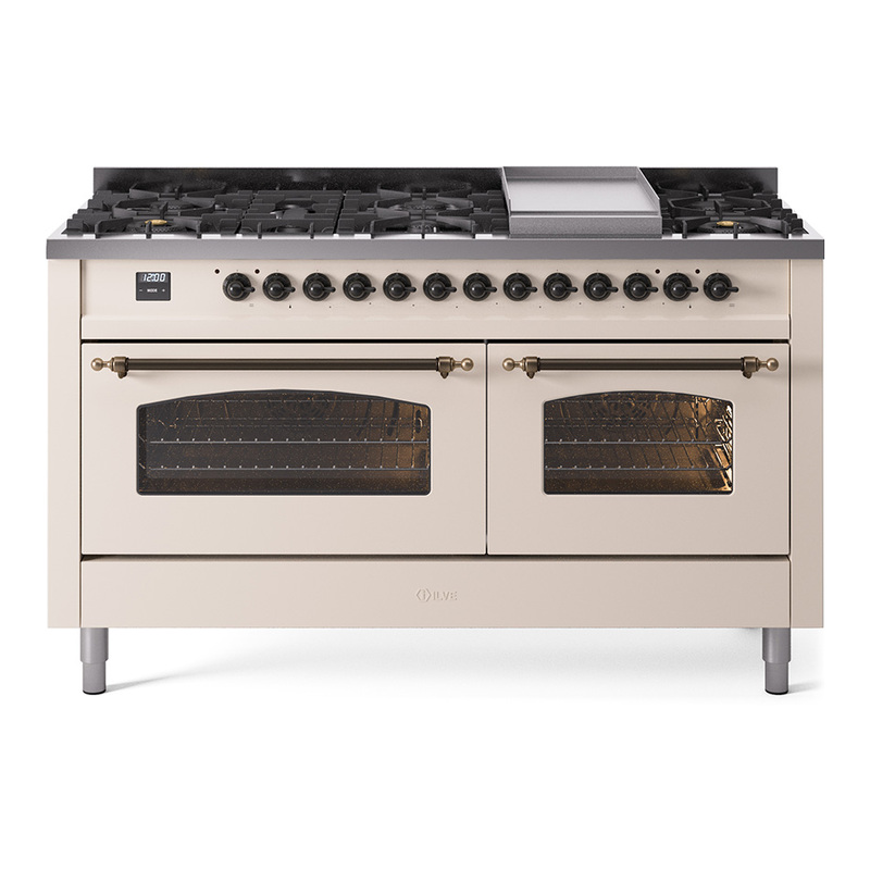 ILVE UP60FNMPAWBLP Nostalgie II 60" Dual Fuel Range (9 Sealed Burners + Griddle, Liquid Propane, Triple Glass Door, Antique White, Burnished)