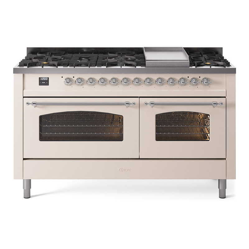 ILVE UP60FNMPAWCLP Nostalgie II 60" Dual Fuel Range (9 Sealed Burners + Griddle, Liquid Propane, Triple Glass Door, Antique White, Chrome)