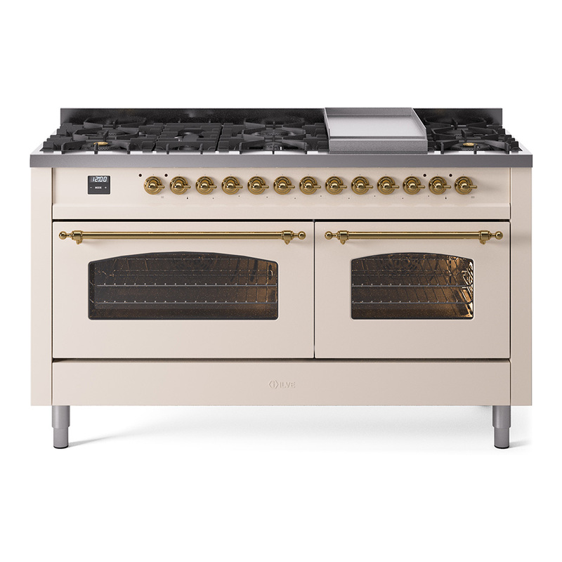 ILVE UP60FNMPAWGLP Nostalgie II 60" Dual Fuel Range (9 Sealed Burners + Griddle, Liquid Propane, Triple Glass Door, Antique White, Brass)