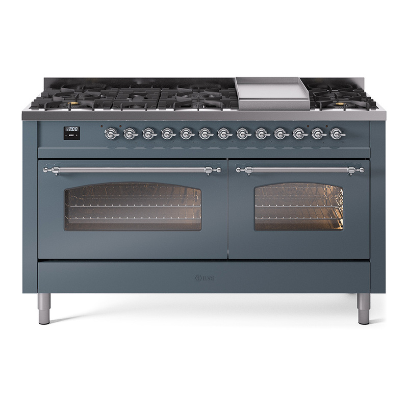 ILVE UP60FNMPBGCLP Nostalgie II 60" Dual Fuel Range (9 Sealed Burners + Griddle, Liquid Propane, Triple Glass Door, Blue Grey, Chrome)