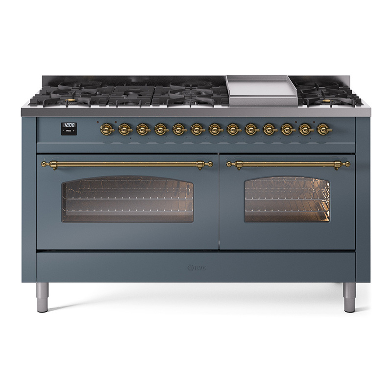 ILVE UP60FNMPBGG Nostalgie II 60" Dual Fuel Range (9 Sealed Burners + Griddle, Natural Gas, Triple Glass Door, Blue Grey, Brass)