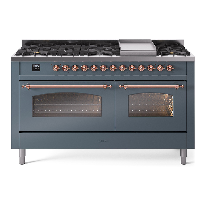 ILVE UP60FNMPBGPLP Nostalgie II 60" Dual Fuel Range (9 Sealed Burners + Griddle, Liquid Propane, Triple Glass Door, Blue Grey, Copper)