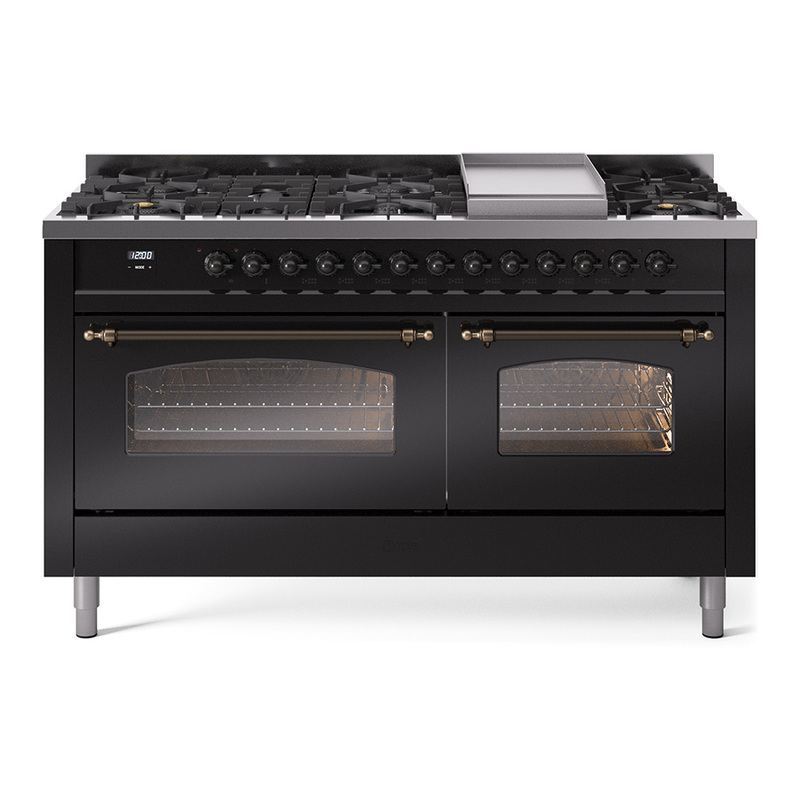 ILVE UP60FNMPBKBLP Nostalgie II 60" Dual Fuel Range (9 Sealed Burners + Griddle, Liquid Propane, Triple Glass Door, Glossy Black, Bronze)