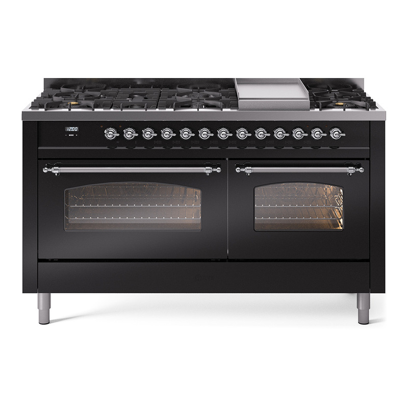 ILVE UP60FNMPBKCLP Nostalgie II 60" Dual Fuel Range (9 Sealed Burners + Griddle, Liquid Propane, Triple Glass Door, Glossy Black, Chrome)