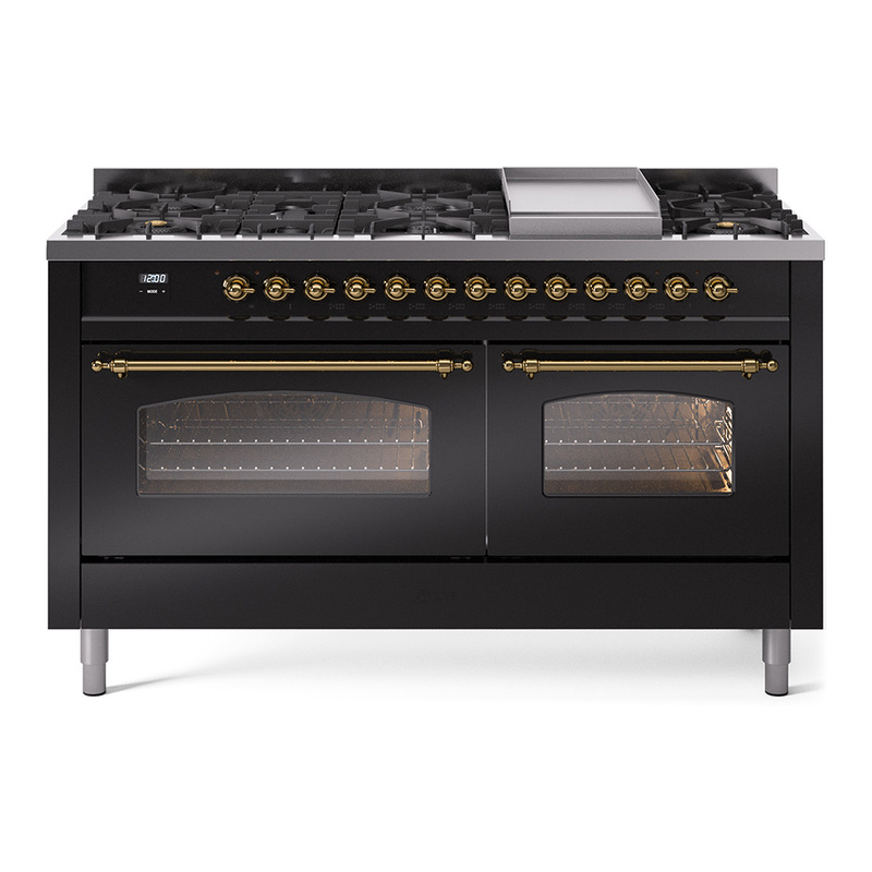 ILVE UP60FNMPBKGLP Nostalgie II 60" Dual Fuel Range (9 Sealed Burners + Griddle, Liquid Propane, Triple Glass Door, Glossy Black, Brass)