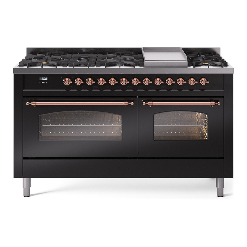 ILVE UP60FNMPBKPLP Nostalgie II 60" Dual Fuel Range (9 Sealed Burners + Griddle, Liquid Propane, Triple Glass Door, Glossy Black, Copper)