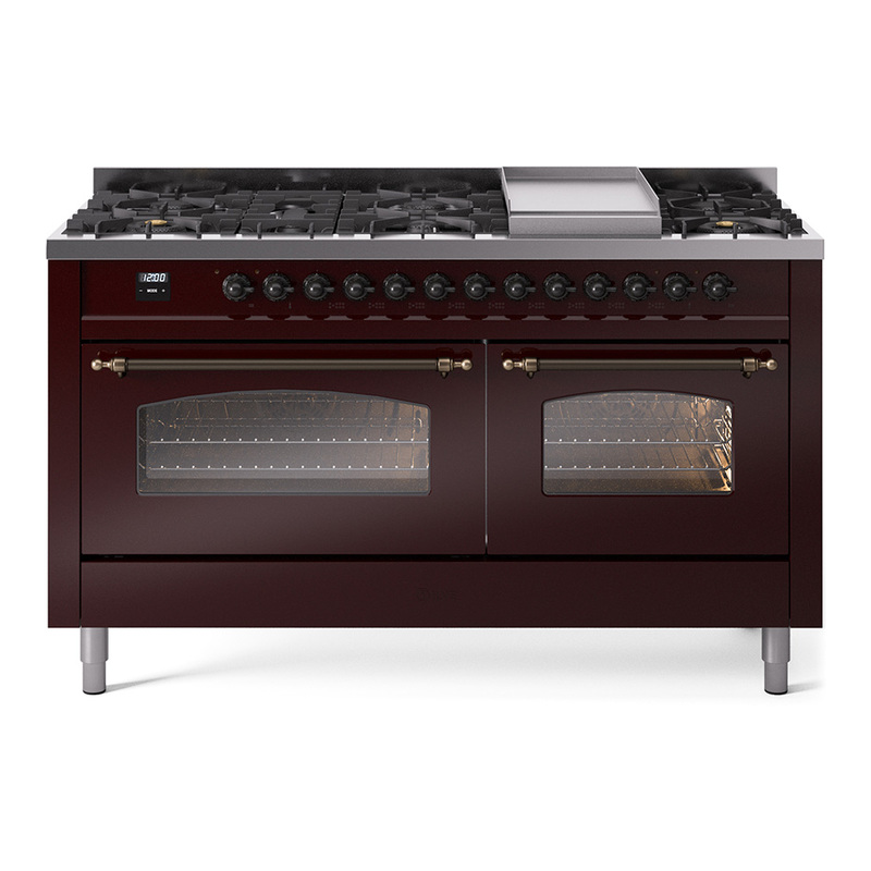 ILVE UP60FNMPBUBLP Nostalgie II 60" Dual Fuel Range (9 Sealed Burners + Griddle, Liquid Propane, Triple Glass Door, Burgundy, Bronze)