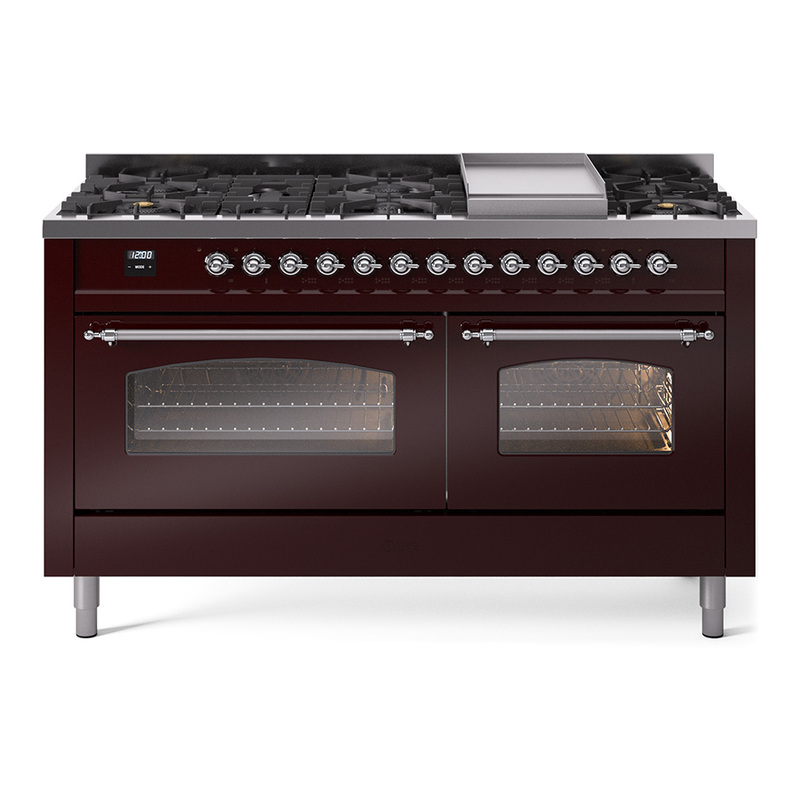 ILVE UP60FNMPBUCLP Nostalgie II 60" Dual Fuel Range (9 Sealed Burners + Griddle, Liquid Propane, Triple Glass Door, Burgundy, Chrome)