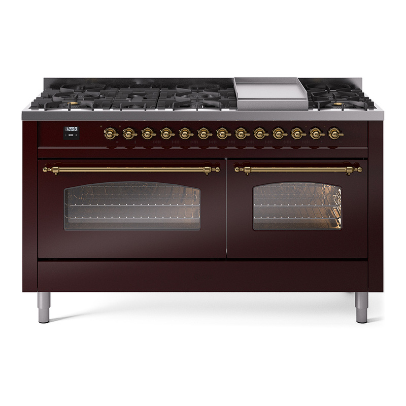 ILVE UP60FNMPBUGLP Nostalgie II 60" Dual Fuel Range (9 Sealed Burners + Griddle, Liquid Propane, Triple Glass Door, Burgundy, Brass)