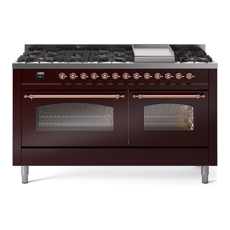 ILVE UP60FNMPBUP Nostalgie II 60" Dual Fuel Range (9 Sealed Burners + Griddle, Natural Gas, Triple Glass Door, Burgundy, Copper)