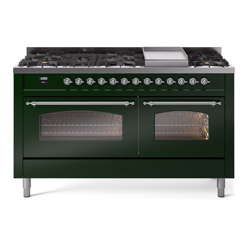 ILVE UP60FNMPEGCLP Nostalgie II 60" Dual Fuel Range (9 Sealed Burners + Griddle, Liquid Propane, Triple Glass Door, Emerald Green, Chrome)