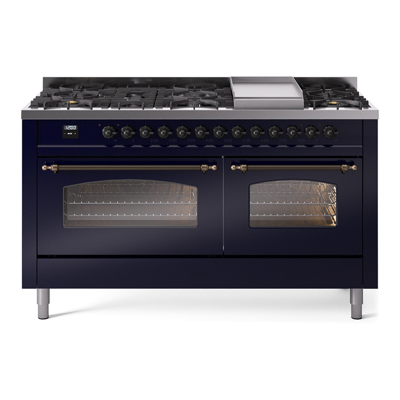 ILVE UP60FNMPMBBLP Nostalgie II 60" Dual Fuel Range (9 Sealed Burners + Griddle, Liquid Propane, Triple Glass Door, Midnight Blue, Burnished)