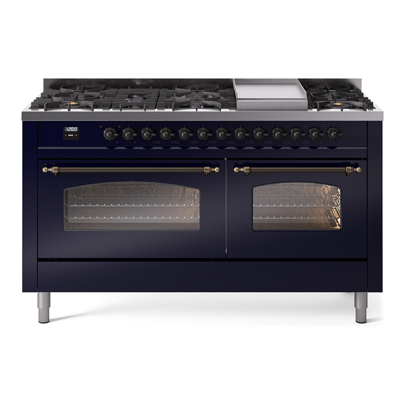 ILVE UP60FNMPMBB Nostalgie II 60" Dual Fuel Range (9 Sealed Burners + Griddle, Natural Gas, Triple Glass Door, Midnight Blue, Burnished)