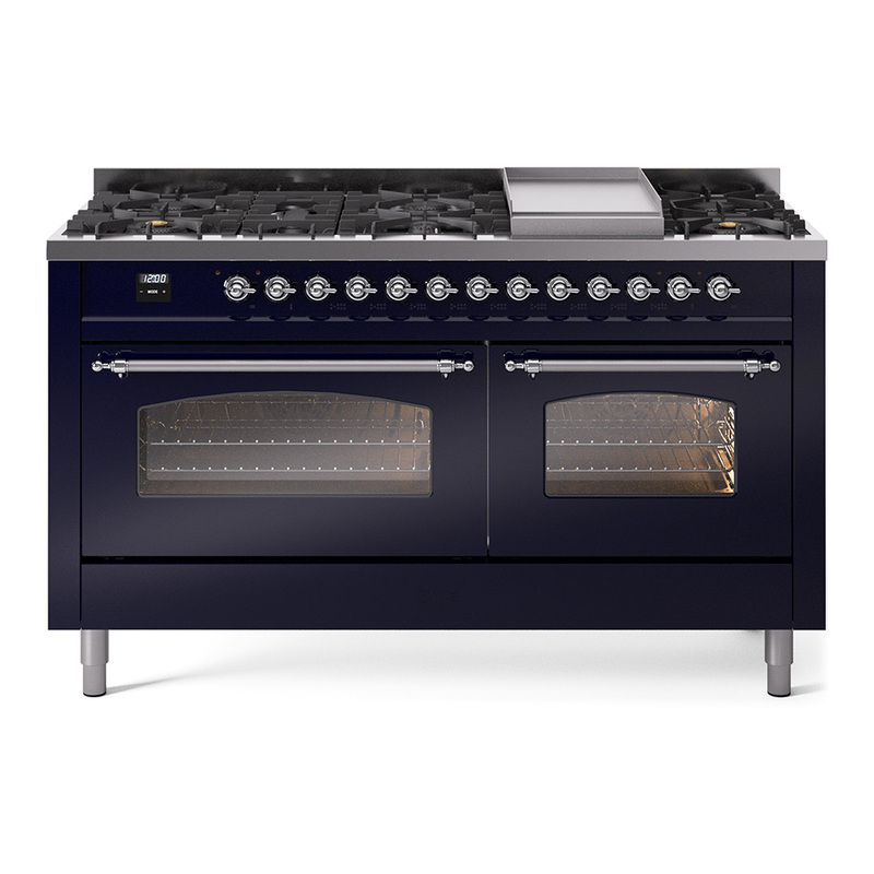 ILVE UP60FNMPMBCLP Nostalgie II 60" Dual Fuel Range (9 Sealed Burners + Griddle, Liquid Propane, Triple Glass Door, Midnight Blue, Chrome)