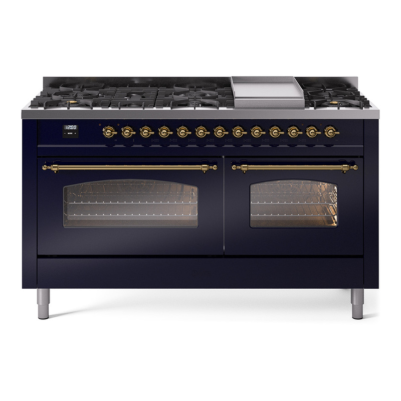 ILVE UP60FNMPMBGLP Nostalgie II 60" Dual Fuel Range (9 Sealed Burners + Griddle, Liquid Propane, Triple Glass Door, Midnight Blue, Brass)