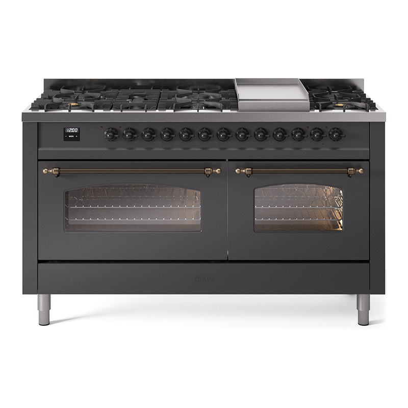 ILVE UP60FNMPMGB Nostalgie II 60" Dual Fuel Range (9 Sealed Burners + Griddle, Natural Gas, Triple Glass Door, Graphite Matte, Bronze)