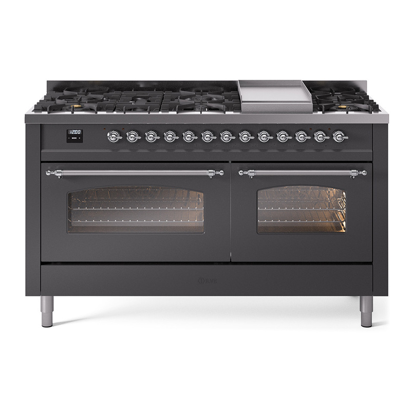 ILVE UP60FNMPMGCLP Nostalgie II 60" Dual Fuel Range (9 Sealed Burners + Griddle, Liquid Propane, Triple Glass Door, Graphite Matte, Chrome)