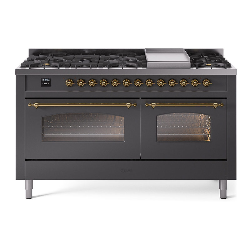 ILVE UP60FNMPMGGLP Nostalgie II 60" Dual Fuel Range (9 Sealed Burners + Griddle, Liquid Propane, Triple Glass Door, Graphite Matte, Brass)