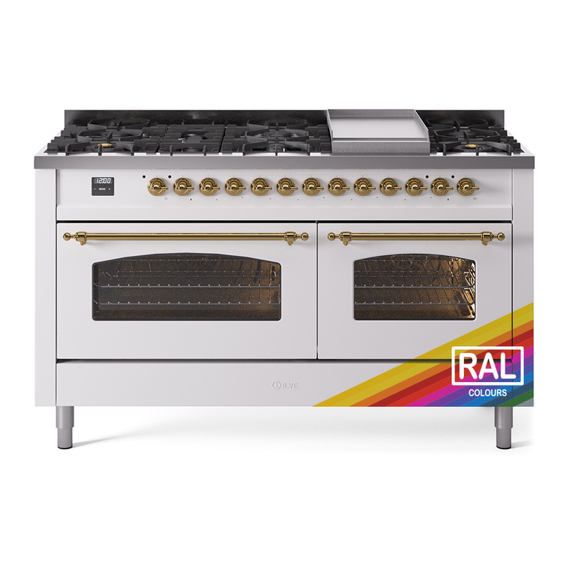 ILVE UP60FNMPRAG Nostalgie II 60" Dual Fuel Range (9 Sealed Burners + Griddle, Natural Gas, Triple Glass Door, RAL, Brass)