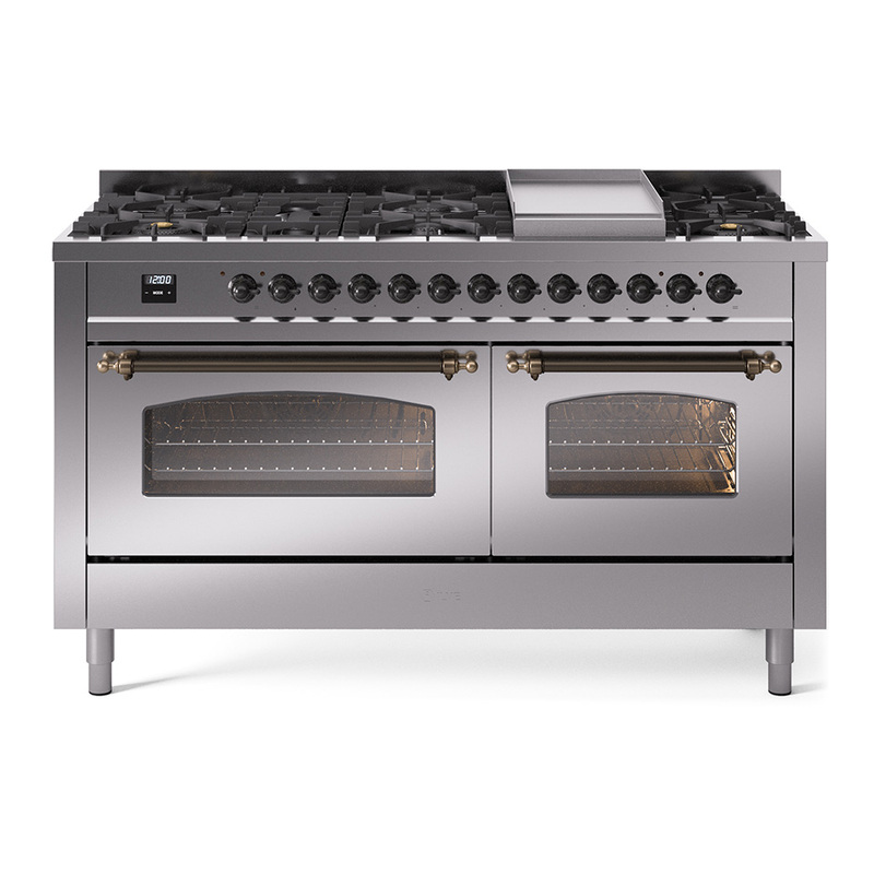 ILVE UP60FNMPSSBLP Nostalgie II 60" Dual Fuel Range (9 Sealed Burners + Griddle, Liquid Propane, Triple Glass Door, Stainless Steel, Bronze)