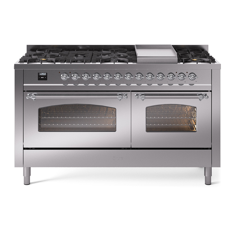 ILVE UP60FNMPSSCLP Nostalgie II 60" Dual Fuel Range (9 Sealed Burners + Griddle, Liquid Propane, Triple Glass Door, Stainless Steel, Chrome)