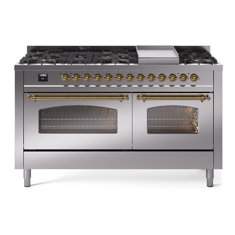 ILVE UP60FNMPSSGLP Nostalgie II 60" Dual Fuel Range (9 Sealed Burners + Griddle, Liquid Propane, Triple Glass Door, Stainless Steel, Brass)