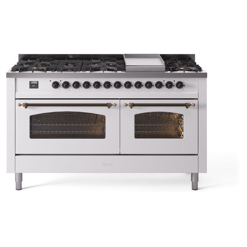 ILVE UP60FNMPWHBLP Nostalgie II 60" Dual Fuel Range (9 Sealed Burners + Griddle, Liquid Propane, Triple Glass Door, White, Burnished)