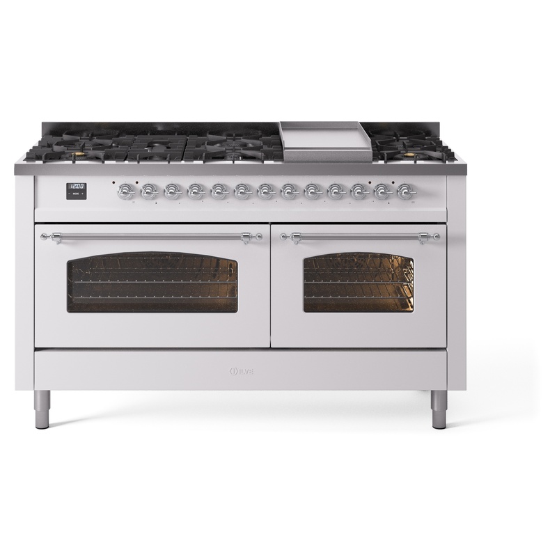 ILVE UP60FNMPWHCLP Nostalgie II 60" Dual Fuel Range (9 Sealed Burners + Griddle, Liquid Propane, Triple Glass Door, White, Chrome)