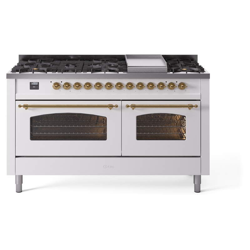 ILVE UP60FNMPWHGLP Nostalgie II 60" Dual Fuel Range (9 Sealed Burners + Griddle, Liquid Propane, Triple Glass Door, White, Brass)