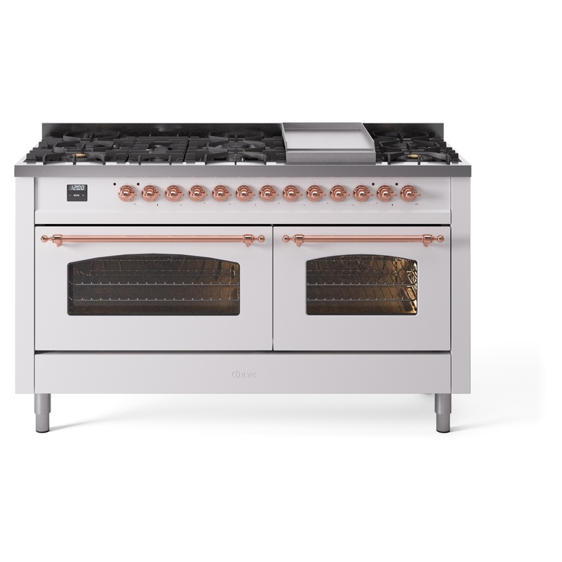 ILVE UP60FNMPWHPLP Nostalgie II 60" Dual Fuel Range (9 Sealed Burners + Griddle, Liquid Propane, Triple Glass Door, White, Copper)