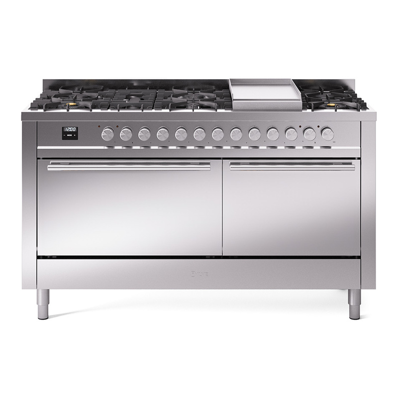 ILVE UP60FQMPSS Professional Plus II 60" Dual Fuel Range (9 Sealed Burners + Griddle, Natural Gas, Solid Door, Stainless Steel)