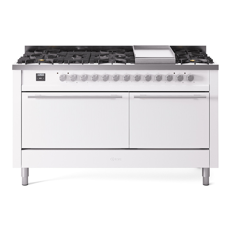 ILVE UP60FQMPWH Professional Plus II 60" Dual Fuel Range (9 Sealed Burners + Griddle, Natural Gas, Solid Door, White)