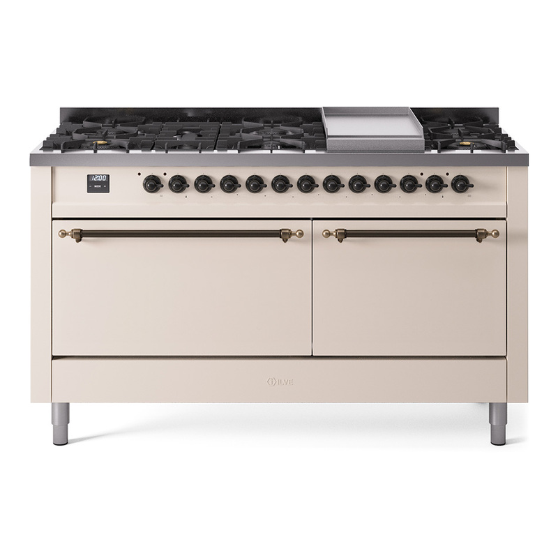 ILVE UP60FQNMPAWBLP Nostalgie II 60" Dual Fuel Range (9 Sealed Burners + Griddle, Liquid Propane, Solid Door, Antique White, Bronze)