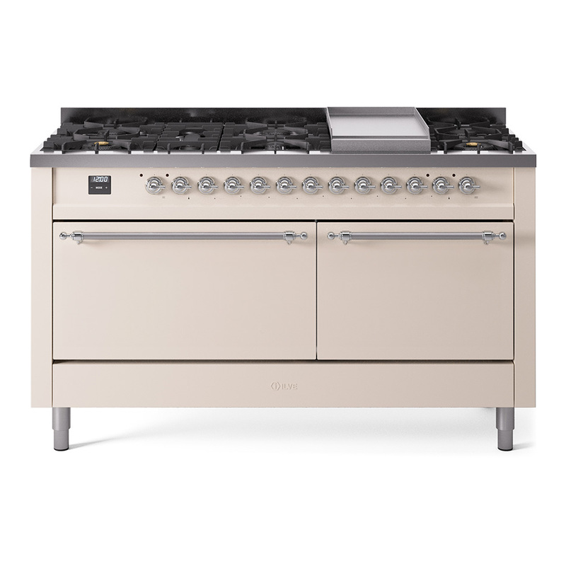 ILVE UP60FQNMPAWCLP Nostalgie II 60" Dual Fuel Range (9 Sealed Burners + Griddle, Liquid Propane, Solid Door, Antique White, Chrome)