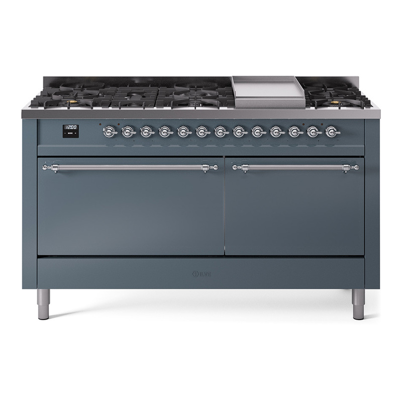 ILVE UP60FQNMPBGCLP Nostalgie II 60" Dual Fuel Range (9 Sealed Burners + Griddle, Liquid Propane, Solid Door, Blue Grey, Chrome)