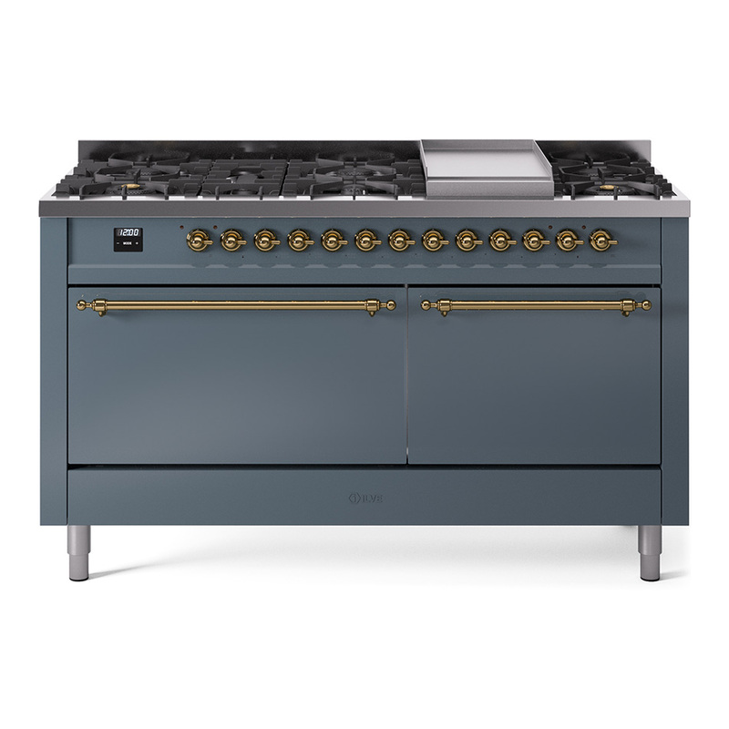 ILVE UP60FQNMPBGGLP Nostalgie II 60" Dual Fuel Range (9 Sealed Burners + Griddle, Liquid Propane, Solid Door, Blue Grey, Brass)