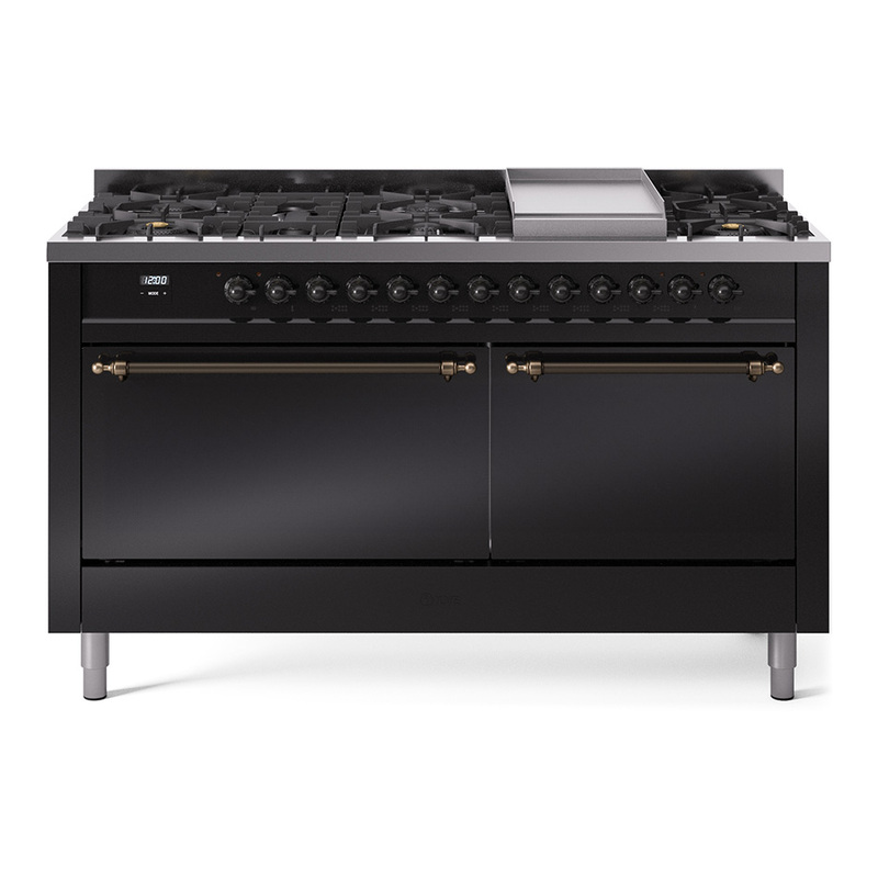 ILVE UP60FQNMPBKB Nostalgie II 60" Dual Fuel Range (9 Sealed Burners + Griddle, Natural Gas, Solid Door, Glossy Black, Bronze)