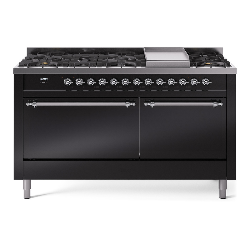 ILVE UP60FQNMPBKC Nostalgie II 60" Dual Fuel Range (9 Sealed Burners + Griddle, Natural Gas, Solid Door, Glossy Black, Chrome)