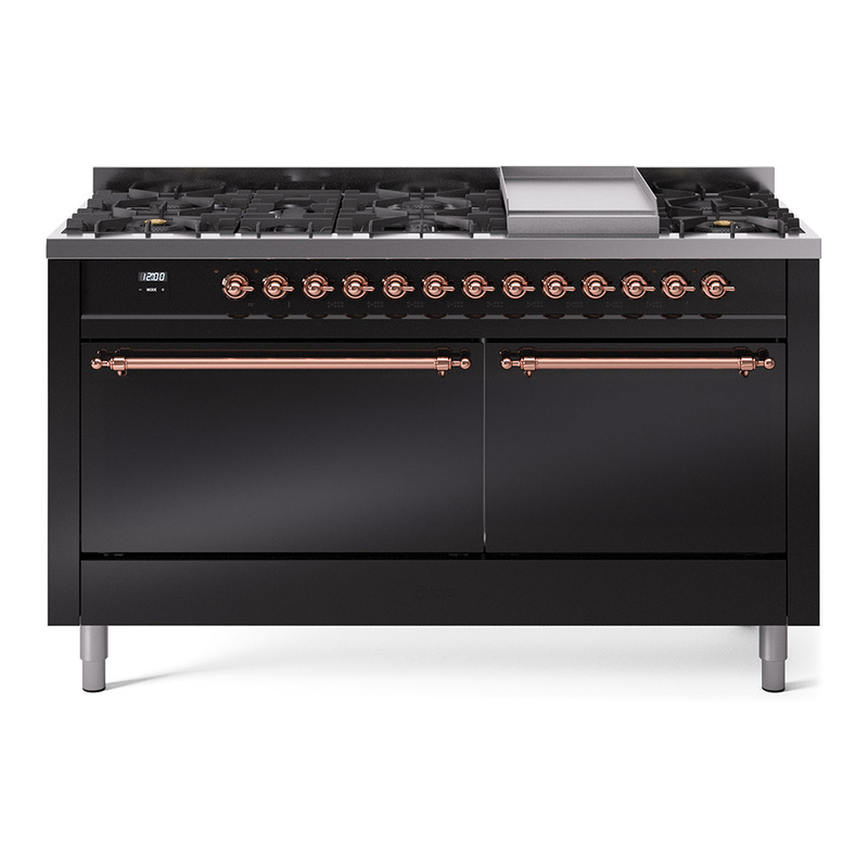 ILVE UP60FQNMPBKPLP Nostalgie II 60" Dual Fuel Range (9 Sealed Burners + Griddle, Liquid Propane, Solid Door, Glossy Black, Copper)