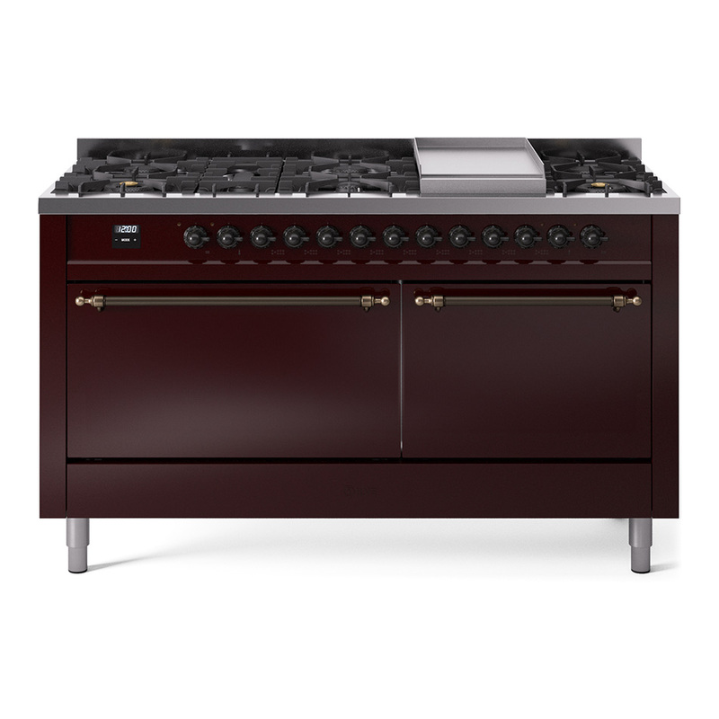 ILVE UP60FQNMPBUBLP Nostalgie II 60" Dual Fuel Range (9 Sealed Burners + Griddle, Liquid Propane, Solid Door, Burgundy, Burnished)