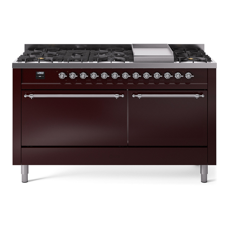 ILVE UP60FQNMPBUCLP Nostalgie II 60" Dual Fuel Range (9 Sealed Burners + Griddle, Liquid Propane, Solid Door, Burgundy, Chrome)