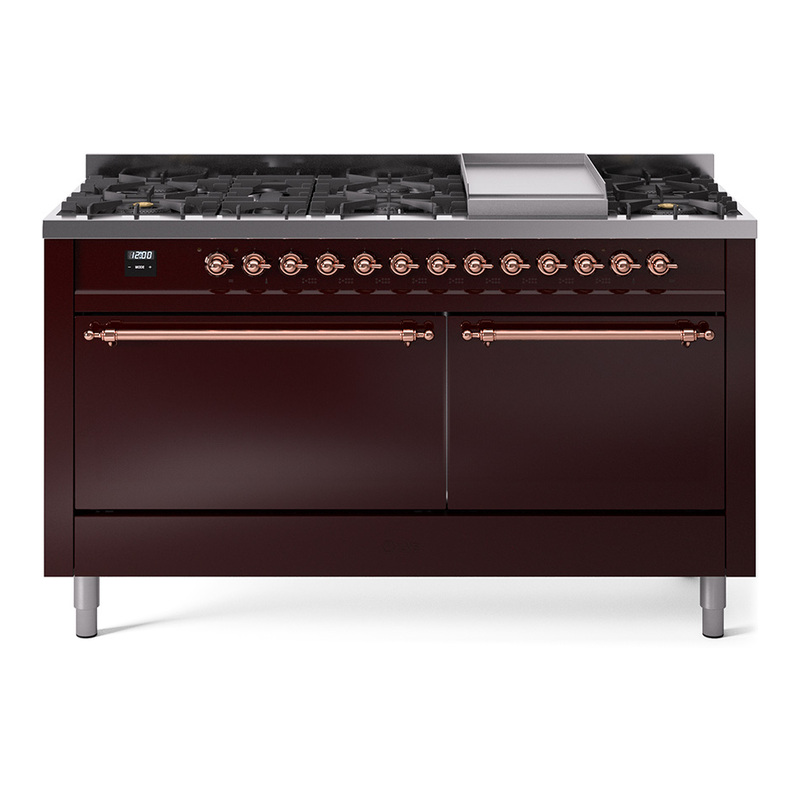 ILVE UP60FQNMPBUPLP Nostalgie II 60" Dual Fuel Range (9 Sealed Burners + Griddle, Liquid Propane, Solid Door, Burgundy, Copper)