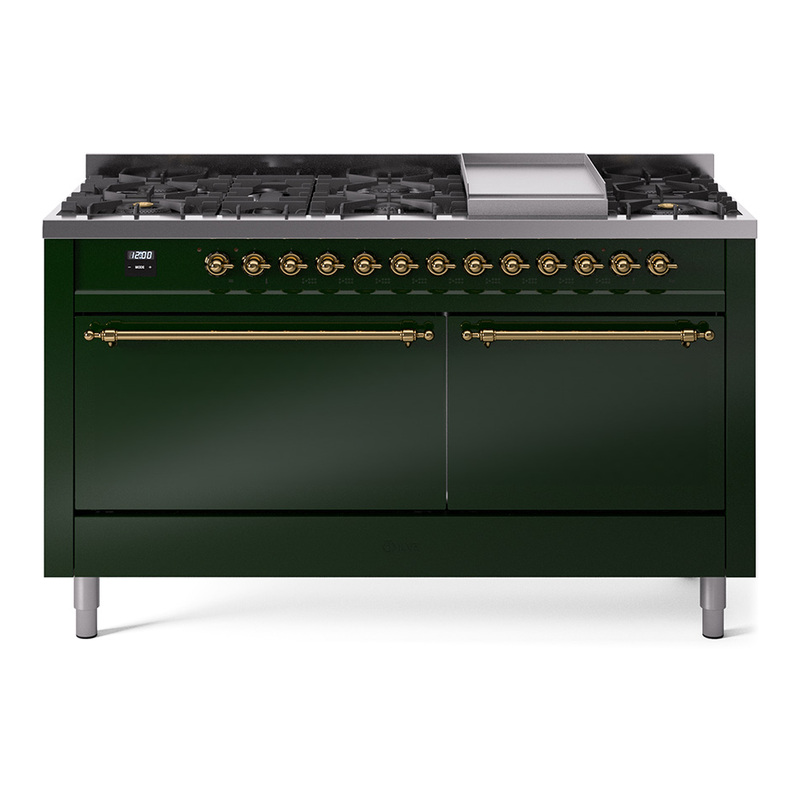 ILVE UP60FQNMPEGGLP Nostalgie II 60" Dual Fuel Range (9 Sealed Burners + Griddle, Liquid Propane, Solid Door, Emerald Green, Brass)