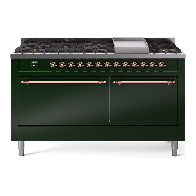 ILVE UP60FQNMPEGP Nostalgie II 60" Dual Fuel Range (9 Sealed Burners + Griddle, Natural Gas, Solid Door, Emerald Green, Copper)